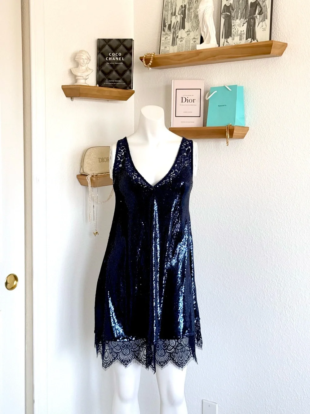 EUC Free People intimately Navy Sequin Lace Slip Dress Size S